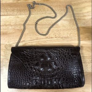 Veari Hornback Caiman Clutch-versatile w/stainless shoulder chain- Dark Brown
